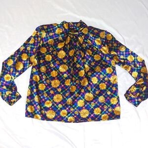 Vintage Ilyssa Max For 3K Modest High Neck Secretary Satin Blouse Purple Gold 12